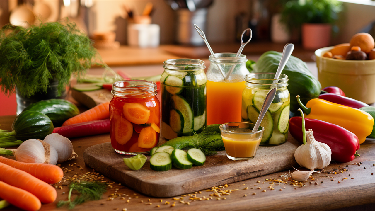 Photo showing canned homemade pickles and juices