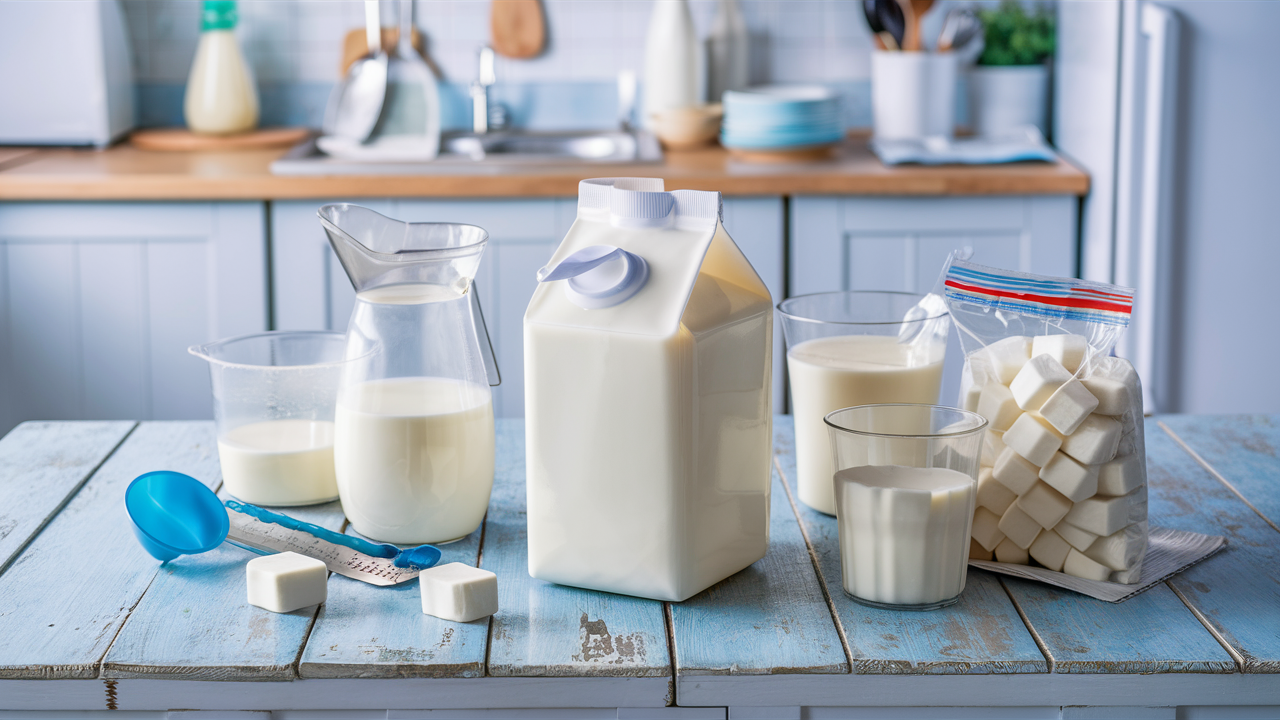 Photo showing milk and freezed milk cubes