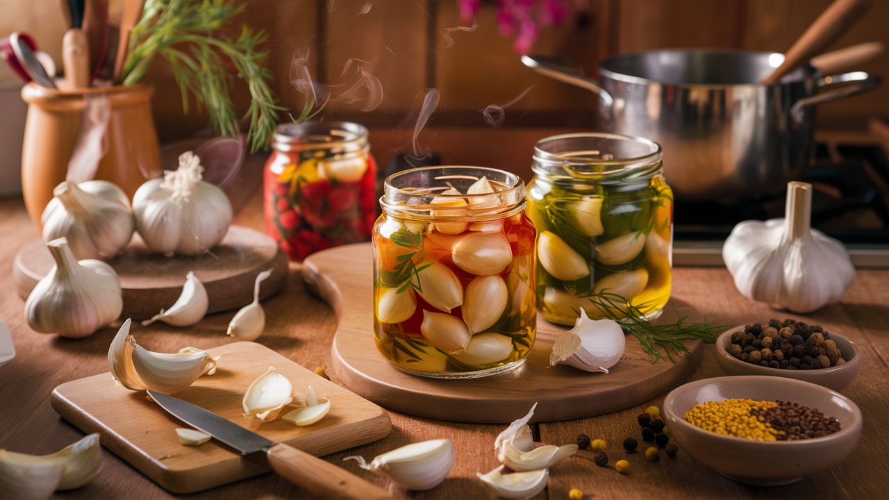 Photo showing canned garlic Pickle and raw pickle